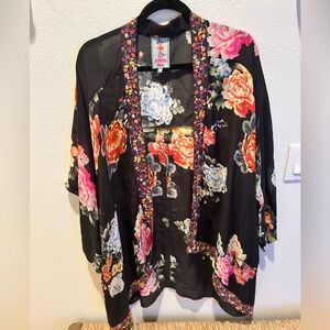 Johnny Was Black Boho Floral Embroidered Lightweight Open Kimono | Medium